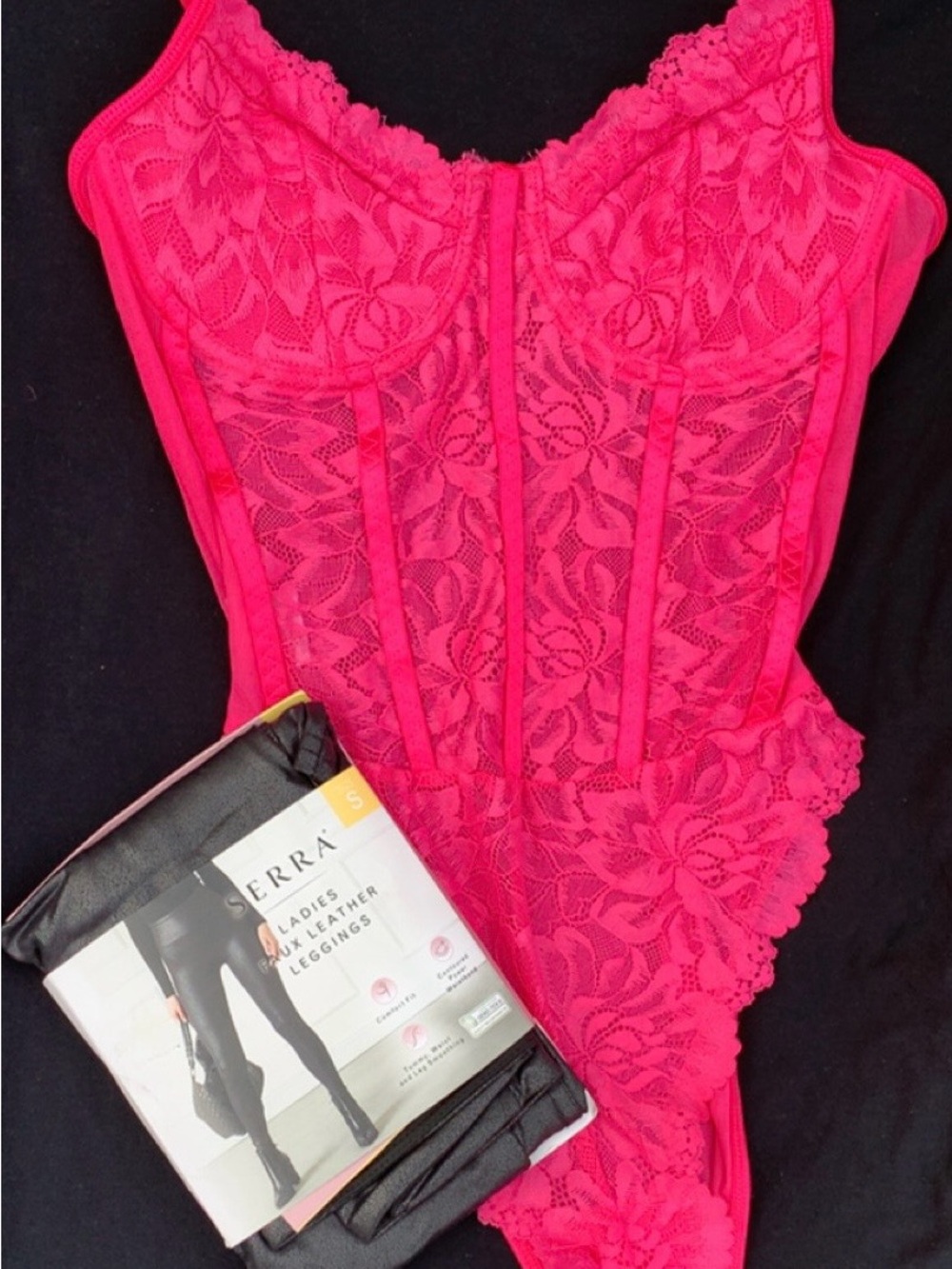 Hot Pink Lace Bodysuit & Sierra Faux Leather Leggings Outfit S